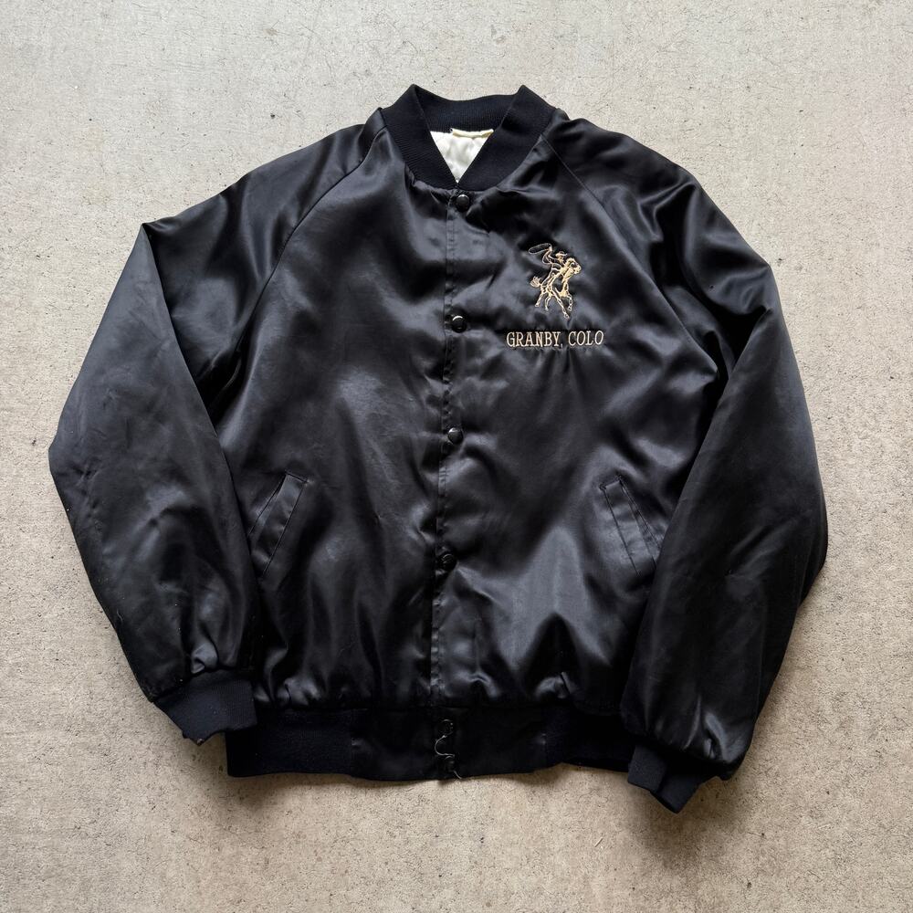 Vintage 80's Granby Colorado Trading Post Black Satin Snap Bomber Jacket Sz M